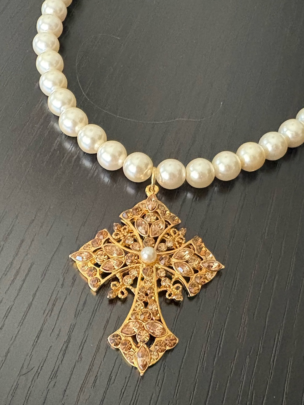 Faux Pearl Necklace with Gold Cross Pendant - Elegant White Pearls